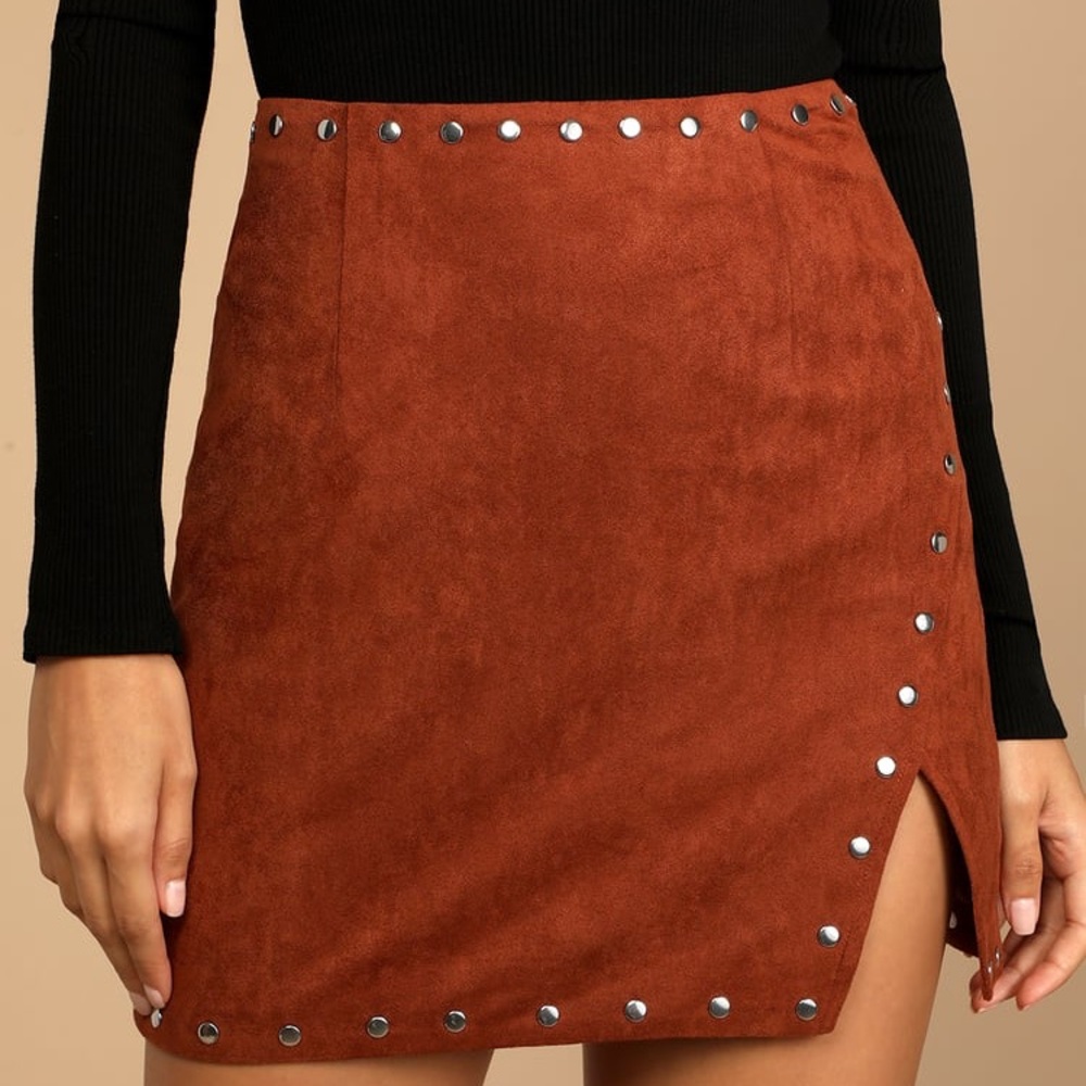 Lulu's Brown Asymmetrical Mini Skirt with Silver Embellishments